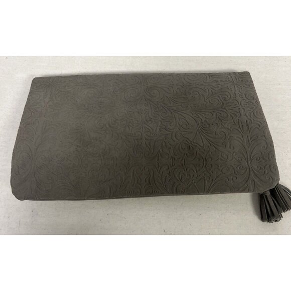 Gray Embossed Faux Leather Clutch With Tassel Accent & Zipper Pocket - Picture 2 of 6